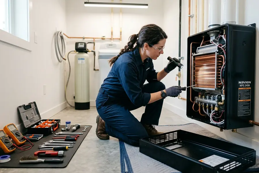 Water Heater Jockey plumber servicing a tankless water heater in Saratoga Springs